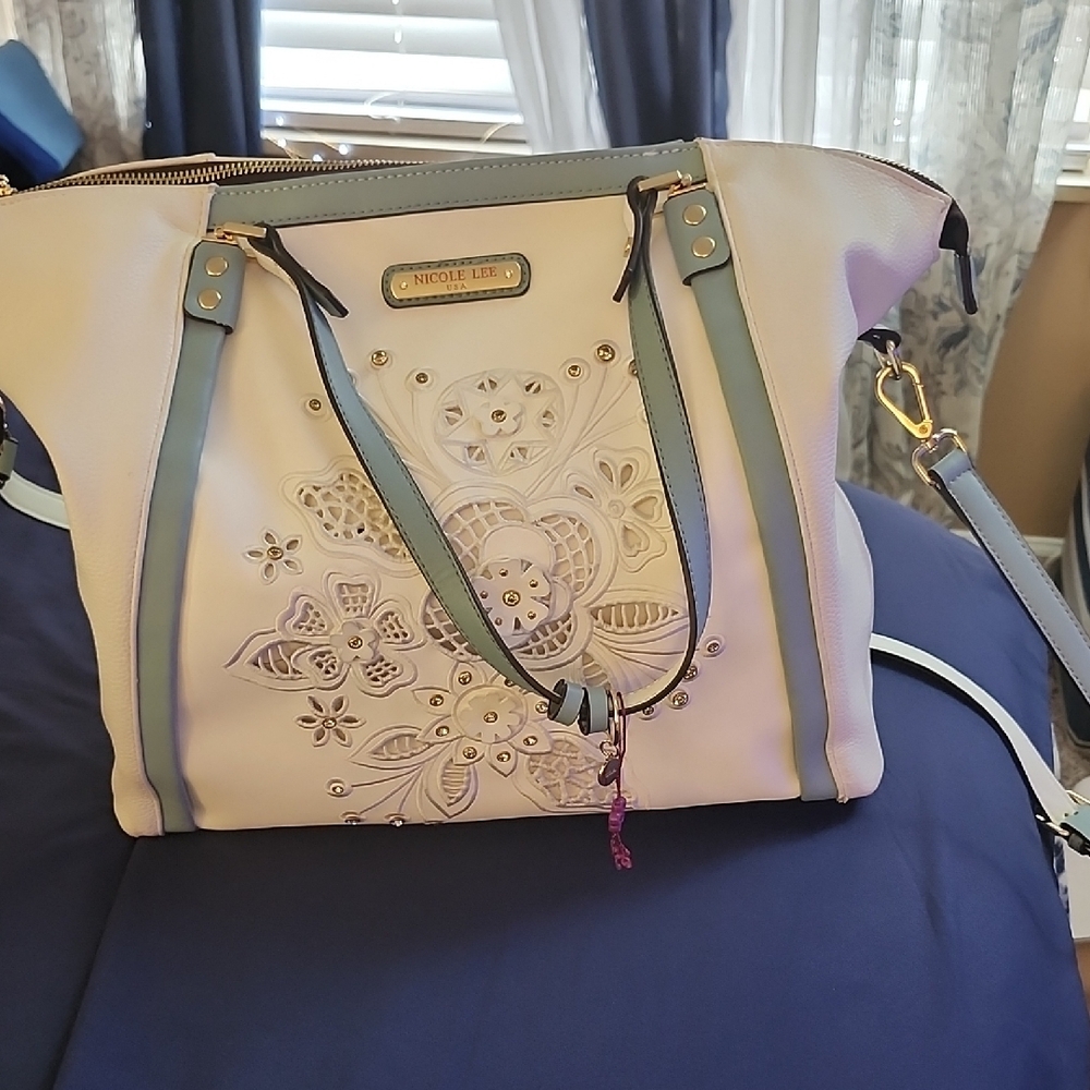 Nicole Lee Cream and Blue Embroidered Tote Bag